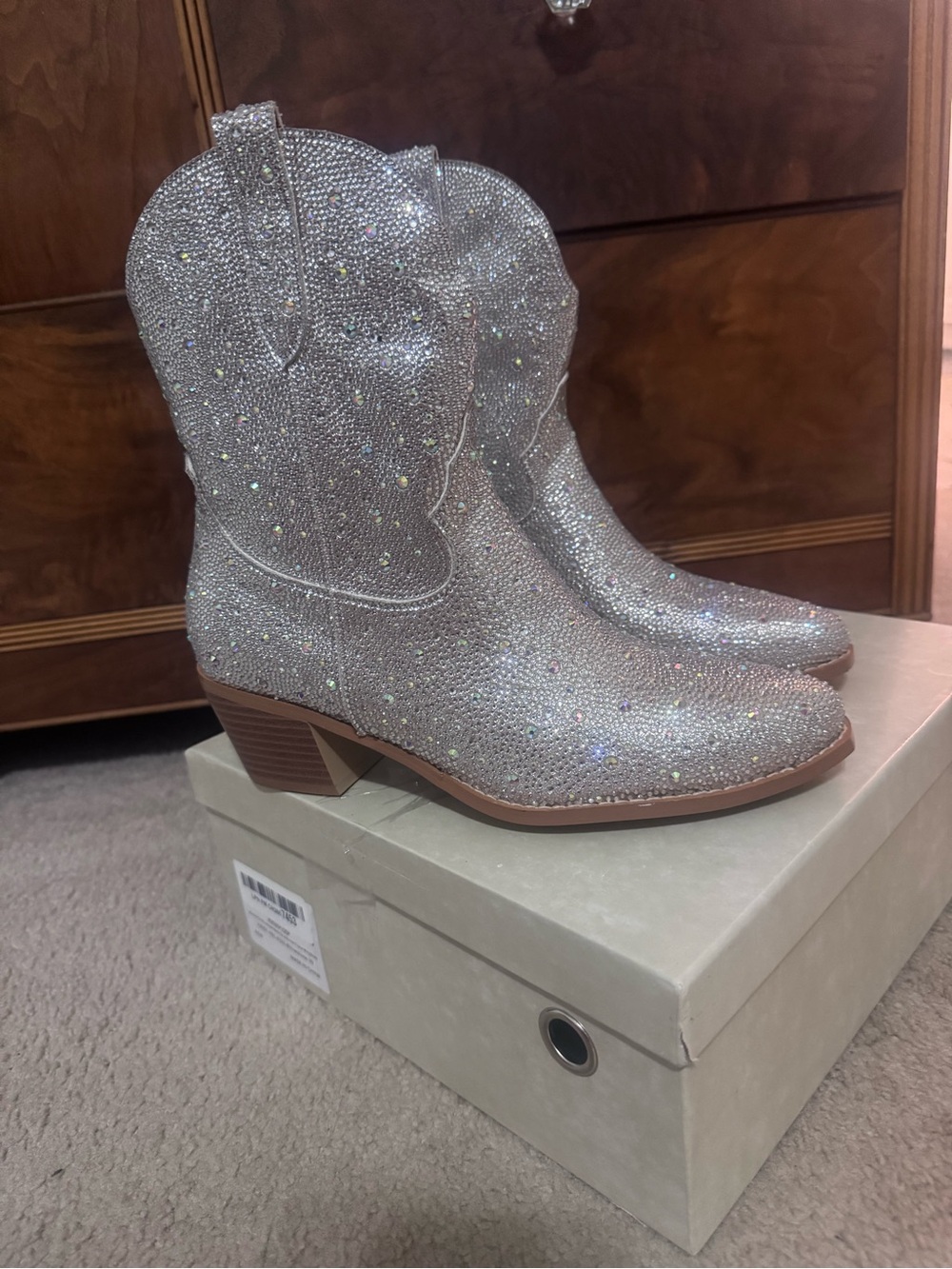 Crystal Embellished Western Ankle Boots - Sparkling Silver